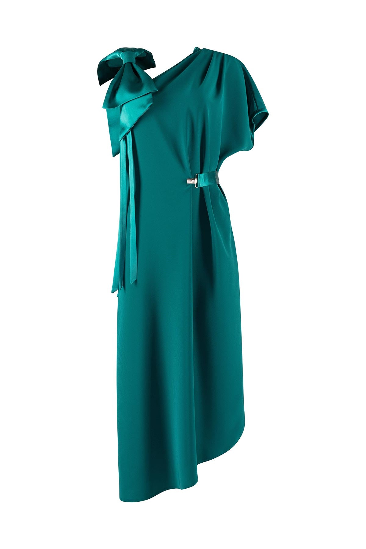 Teal dress with a belt and draped design on a white background