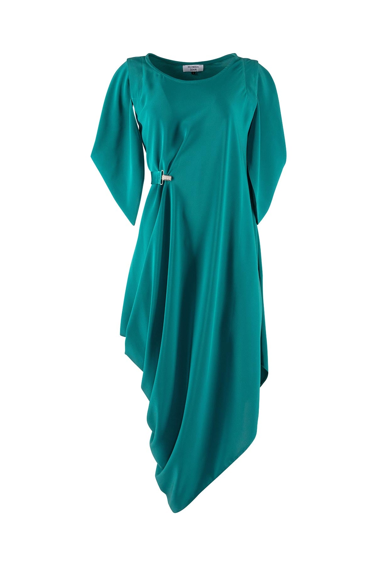 Teal dress with a belt and draped design on a white background