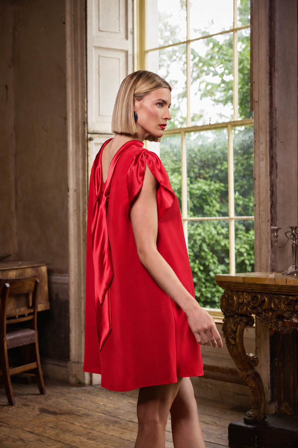 A woman wearing a bright red satin slip dress with a dramatic draped back detail, standing in a rustic room with wooden floors and a large window.