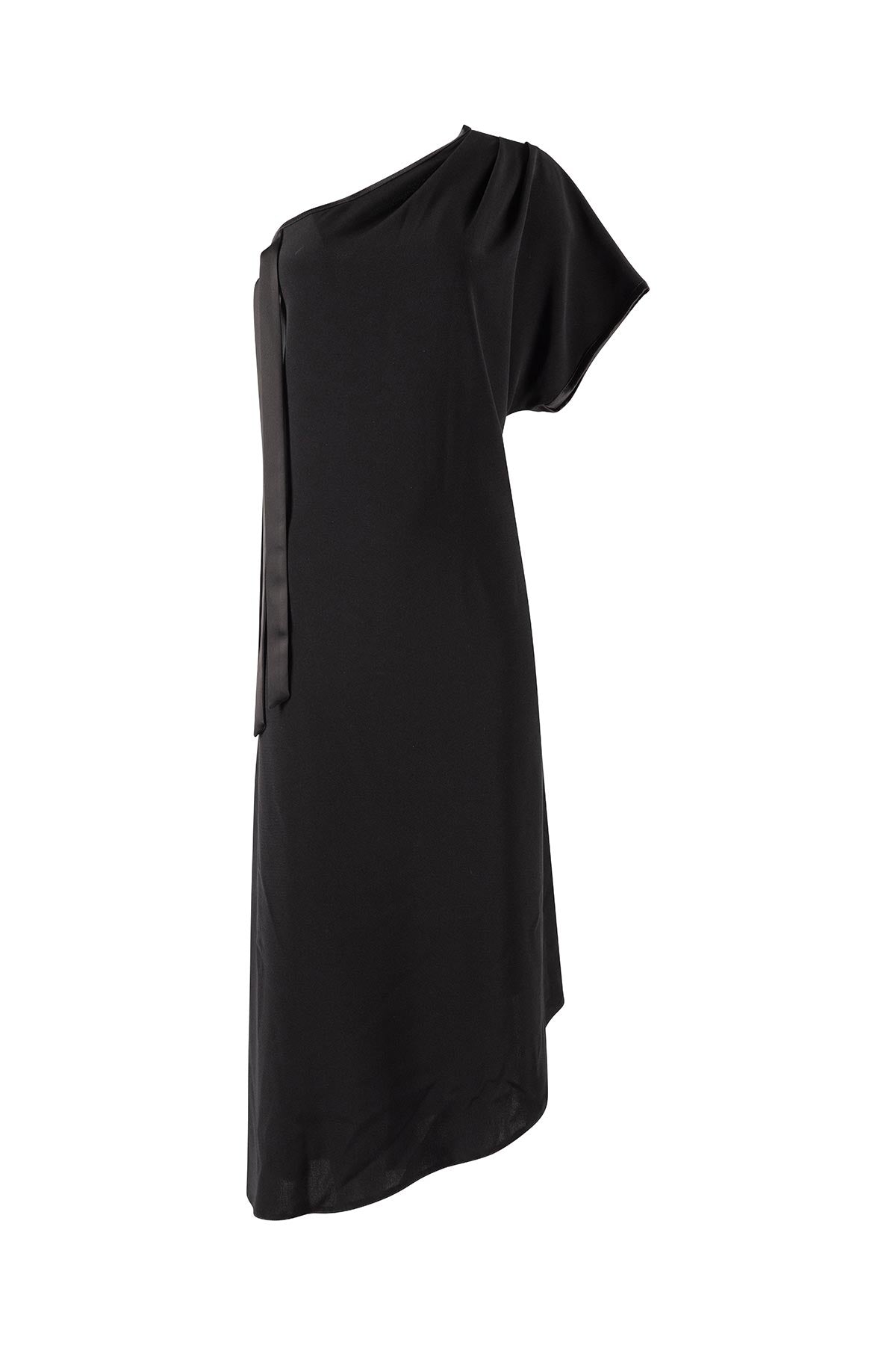 Black one-shoulder dress on a white background