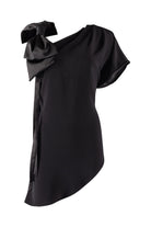 Black one-shoulder blouse with a bow detail on a white background