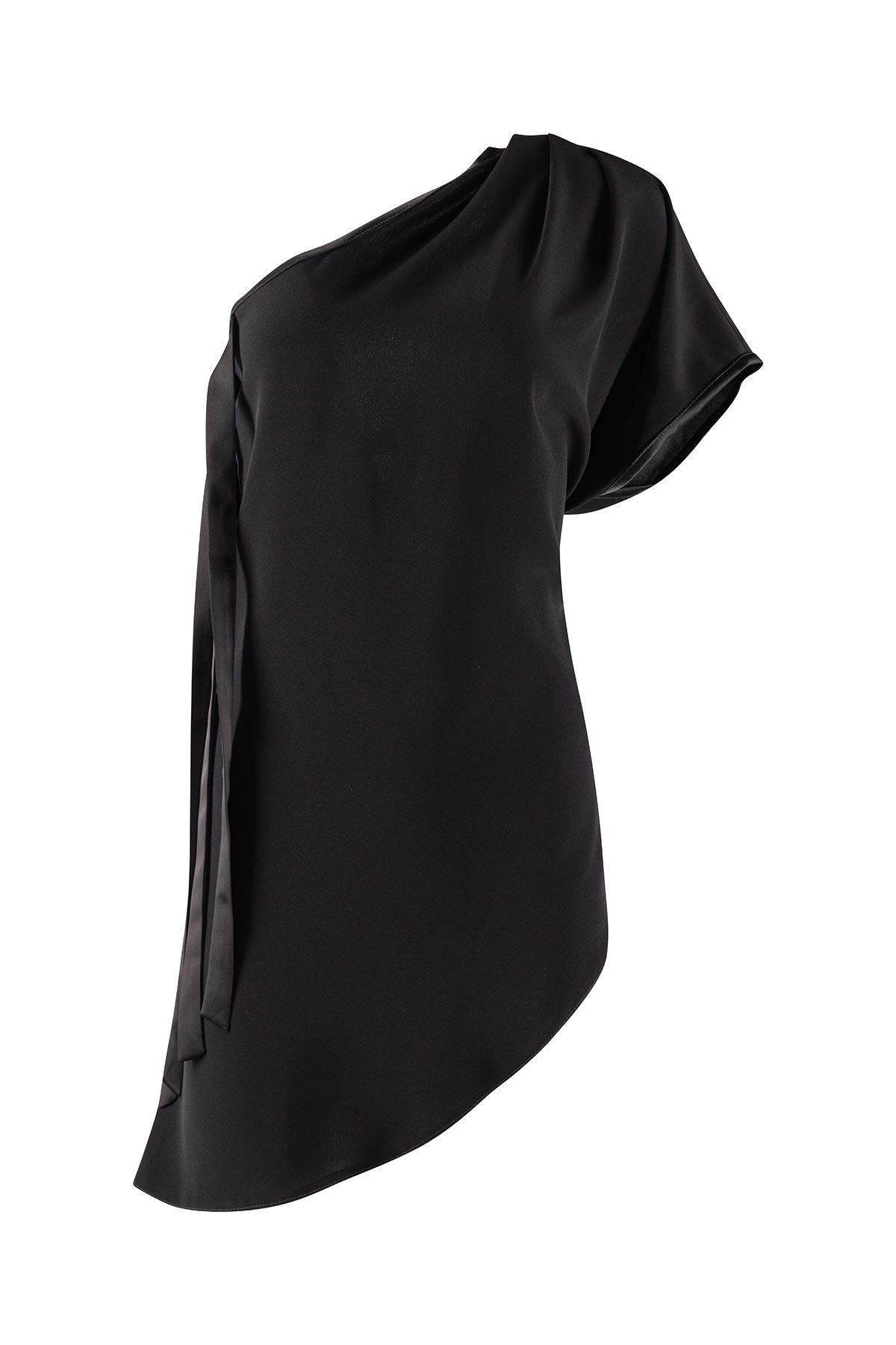 Black one-shoulder top on a white background