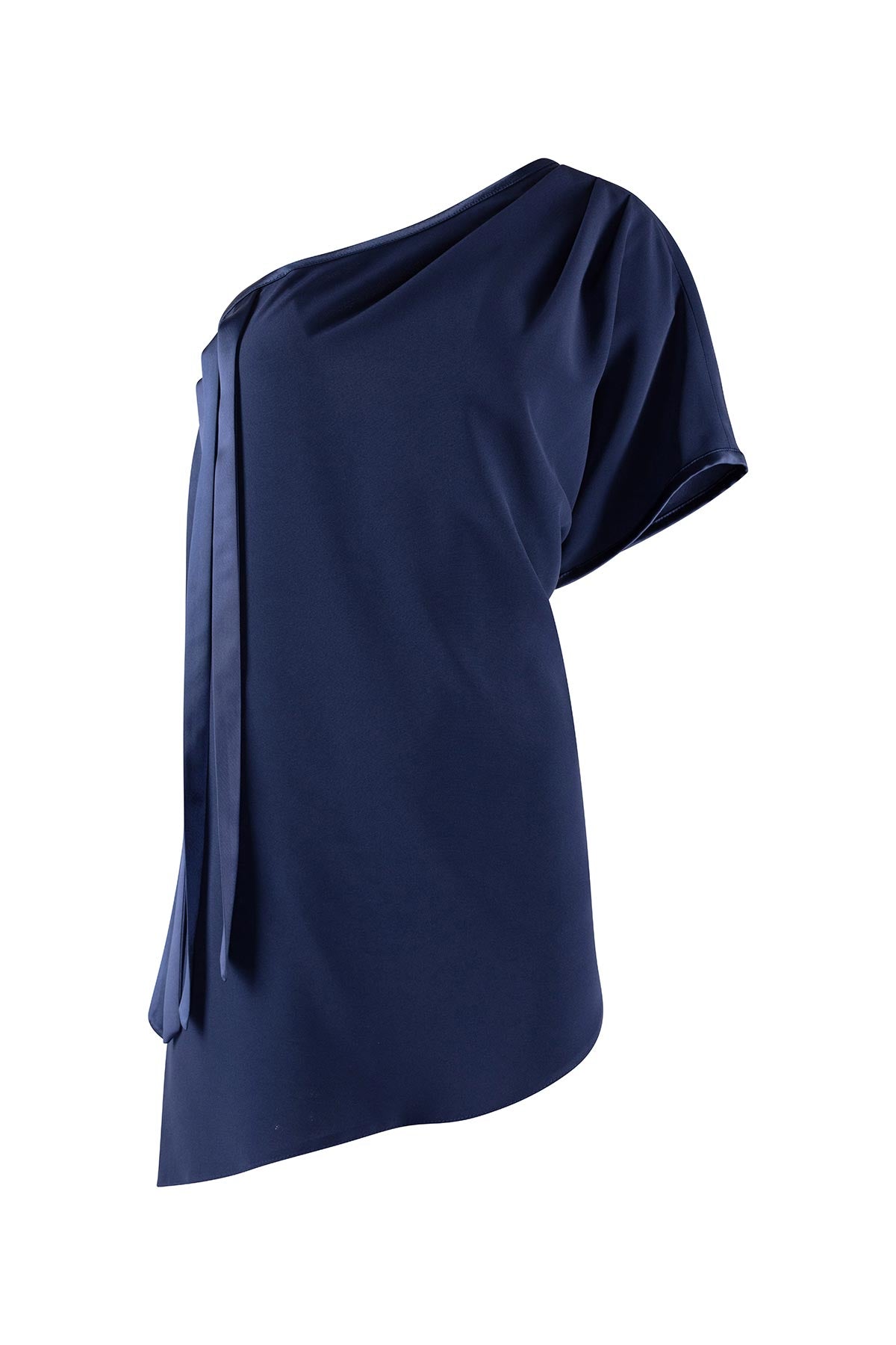 Navy blue one-shoulder top on a white background