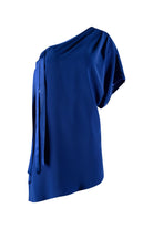 Blue one-shoulder top on a white background
