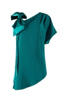 Teal one-shoulder top with a bow detail on a white background