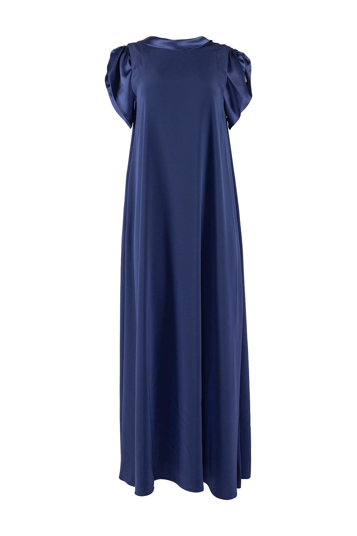 Navy blue dress with puff sleeves on a white background