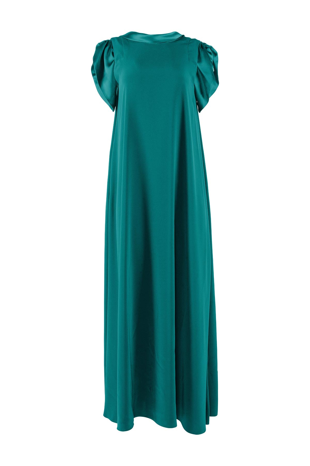 Teal dress with puff sleeves on a white background