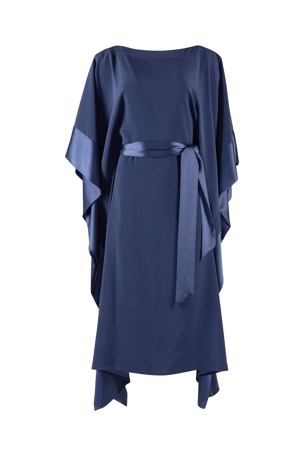 Navy blue dress with draped sleeves on a white background