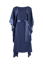 Navy blue dress with draped sleeves on a white background