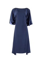 Navy blue dress with short sleeves on a white background
