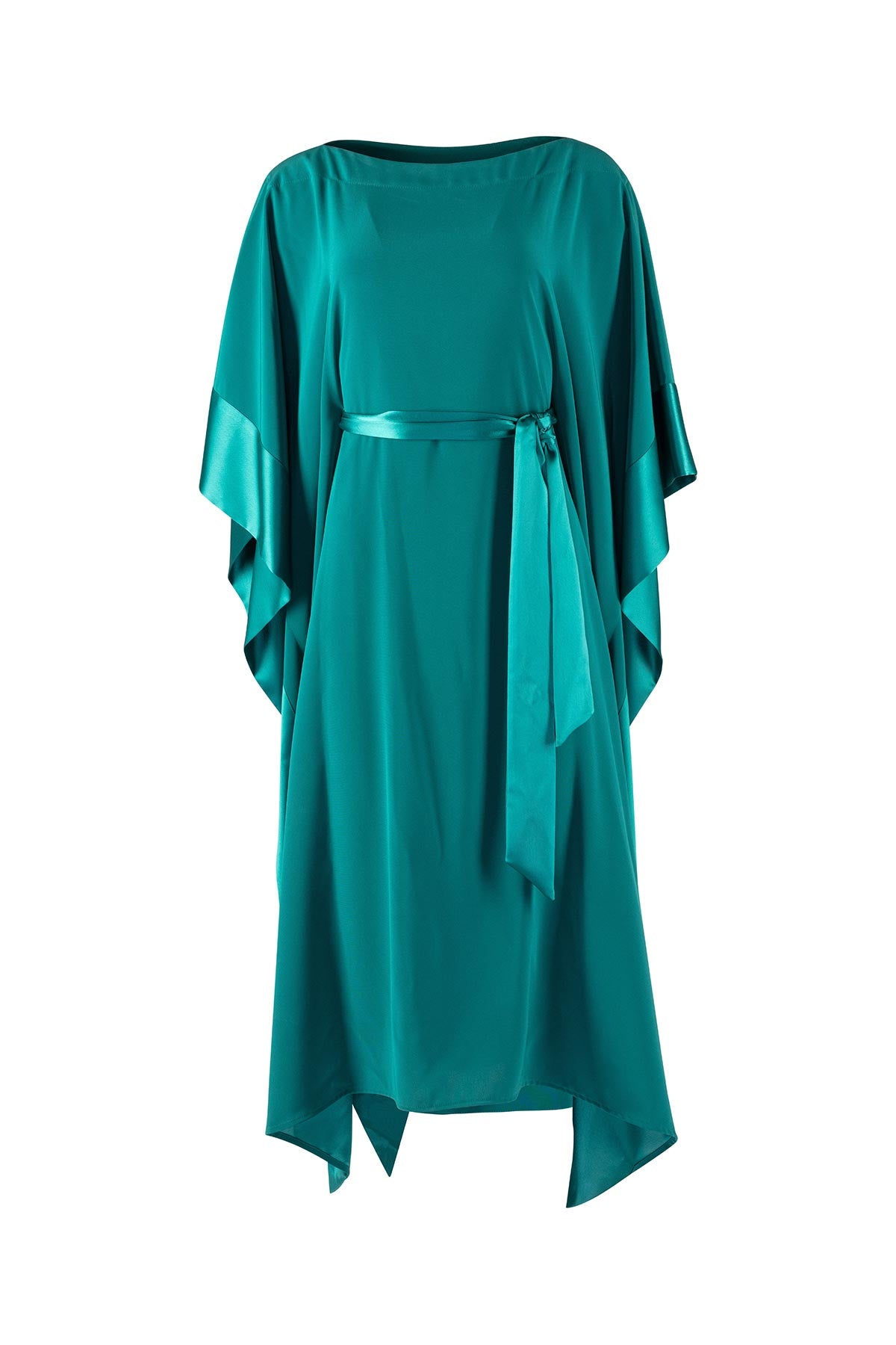 Teal dress with capelet on a white background