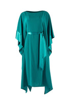 Teal dress with capelet on a white background