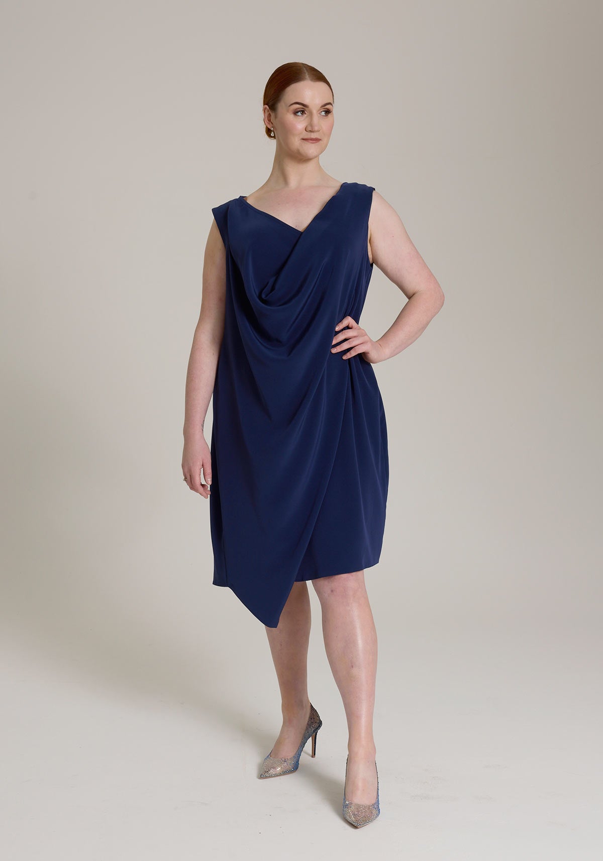 Monessa Joan navy blue Ailbhe dress with silver heels.