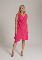 Mnessa Joan cerise pink Ailbhe Dress with a draped neckline and asymmetrical hemline.