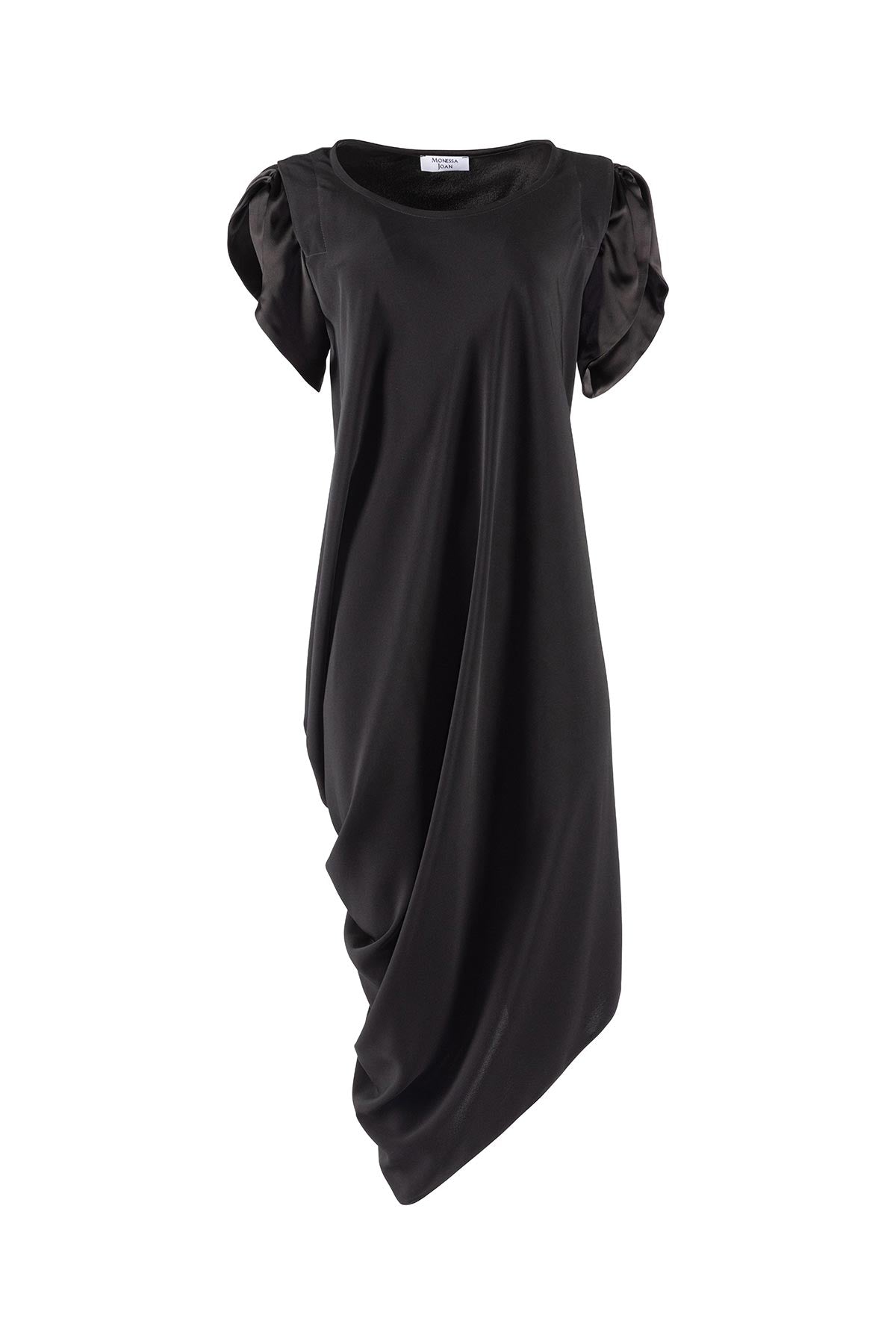 Black dress with draped front on a white background