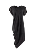Black dress with draped front on a white background
