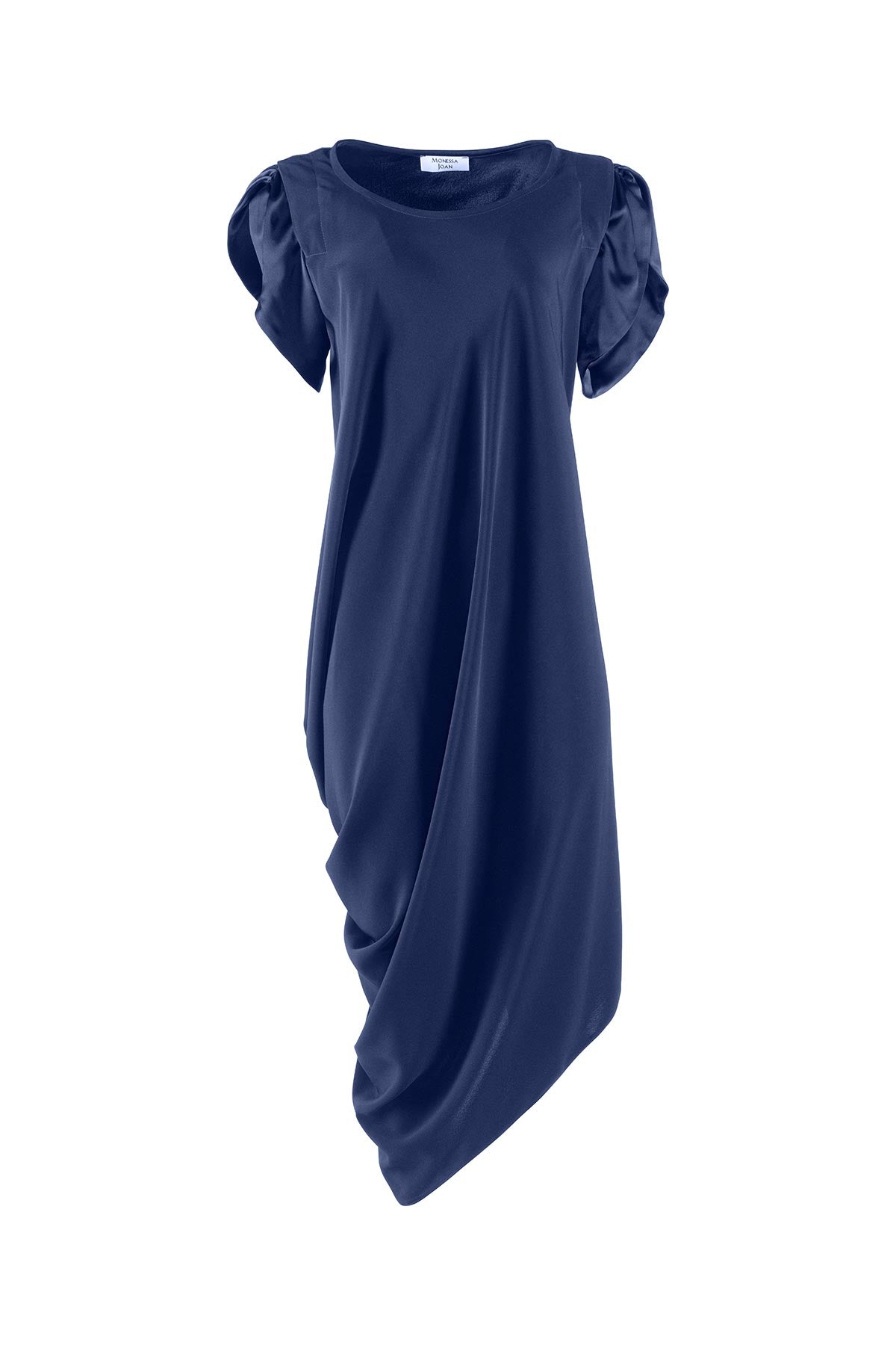 Navy blue dress with draped front on a white background
