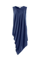 Blue sleeveless dress with draped front on a white background
