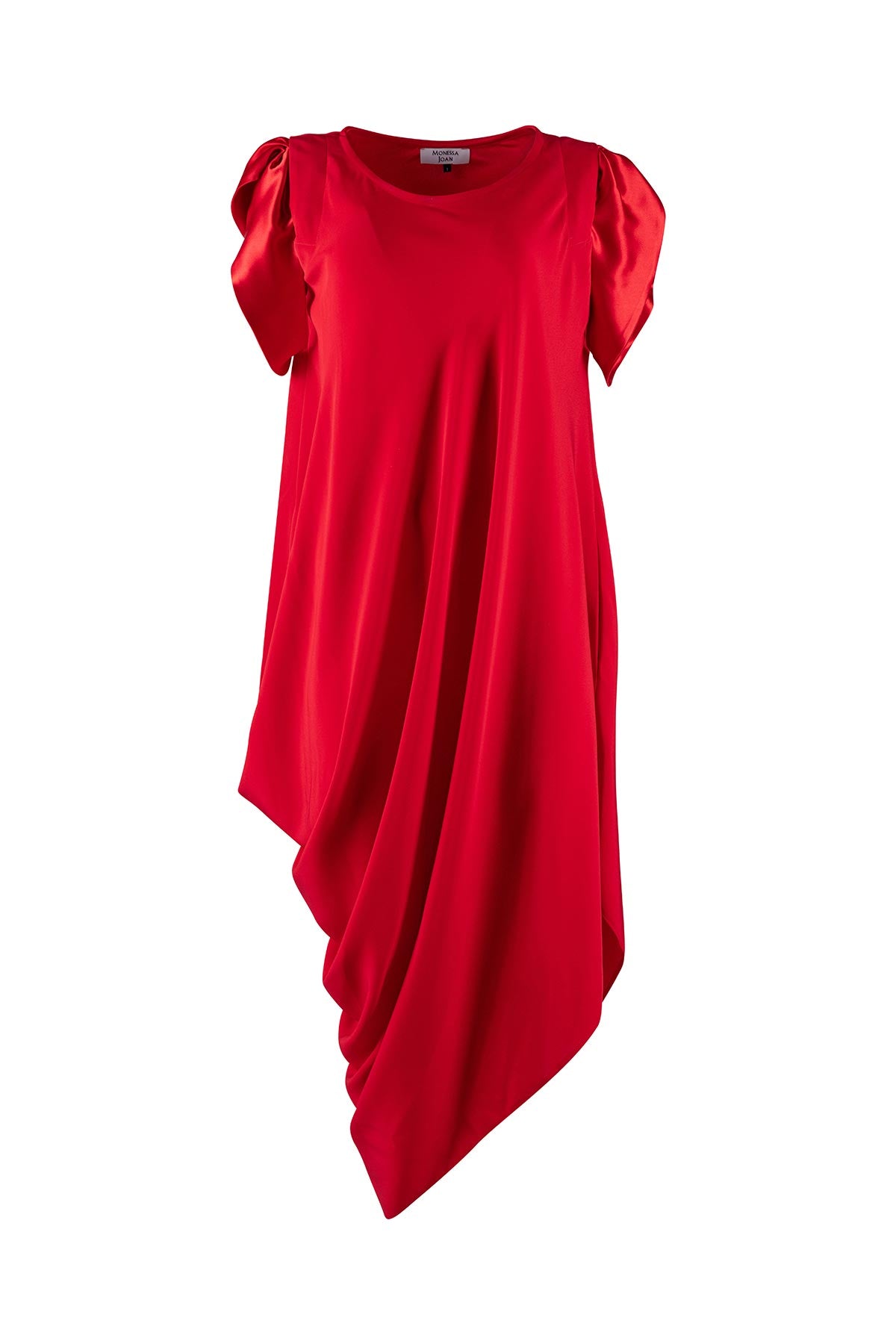 Red dress with a draped design on a white background