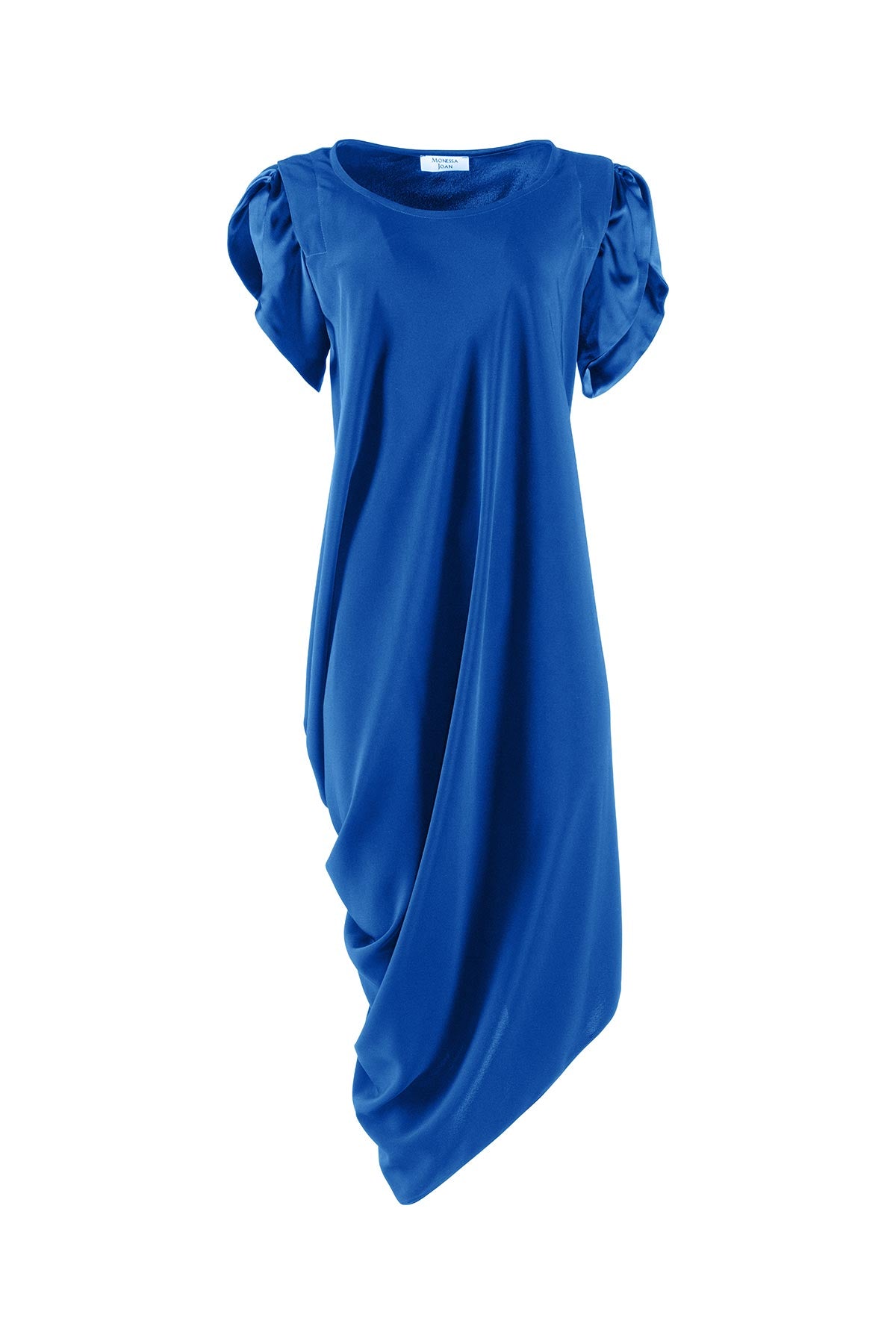 Blue dress with draped front on a white background