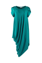 Teal sleeveless dress with draped front on a white background