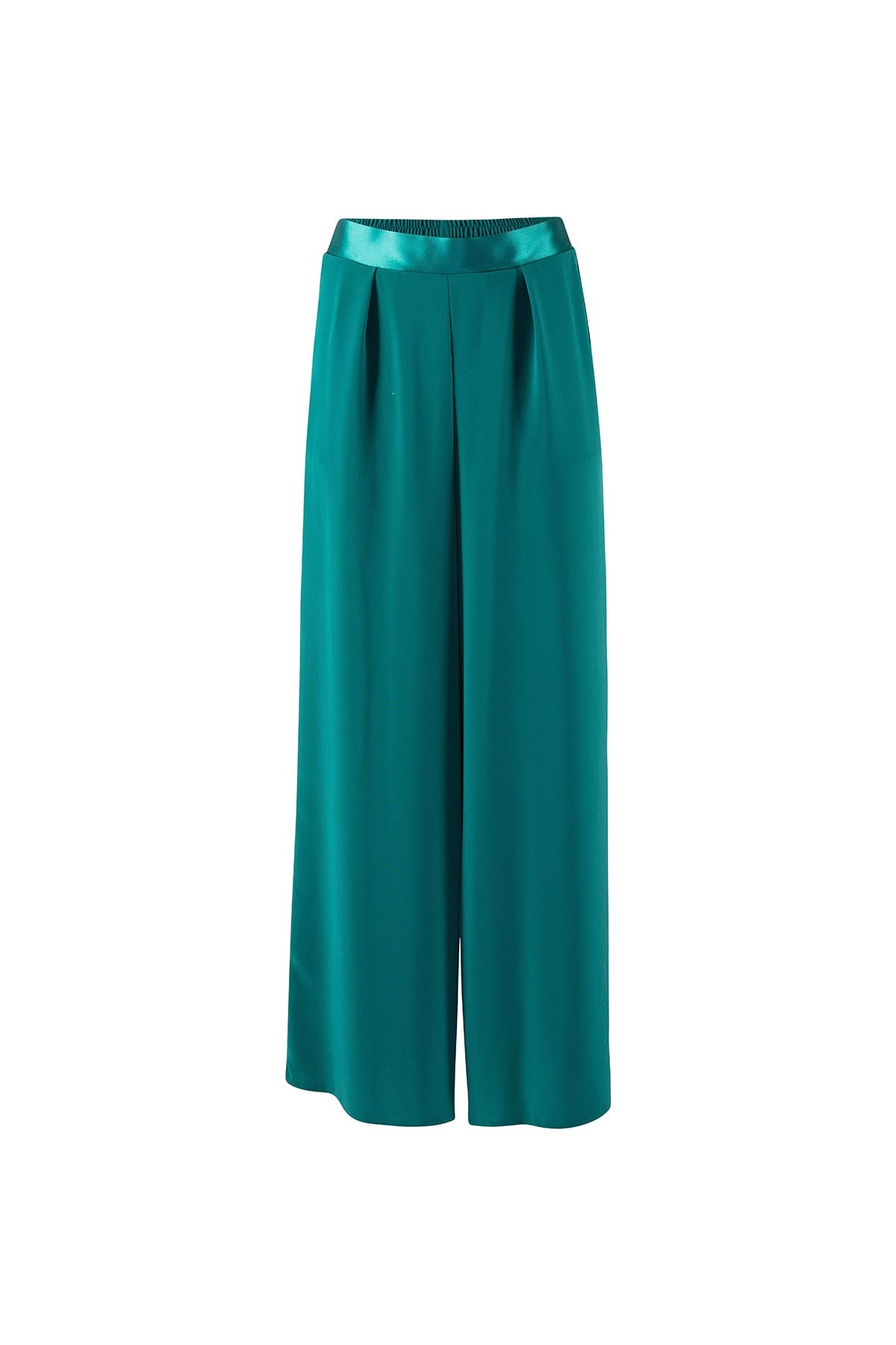 Teal wide teal trousers on a white background