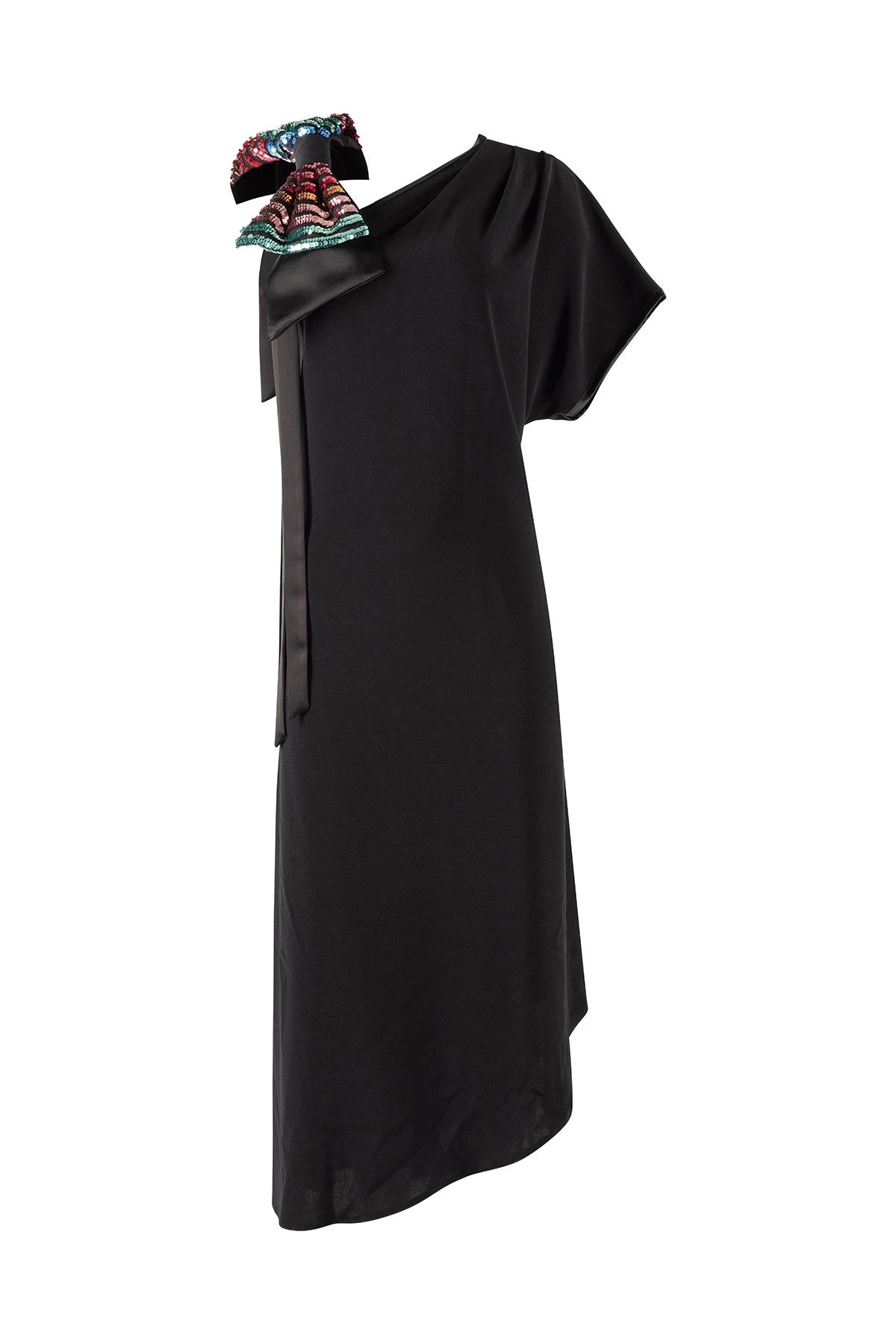 Black one-shoulder dress with a colorful shoulder bow on a white background