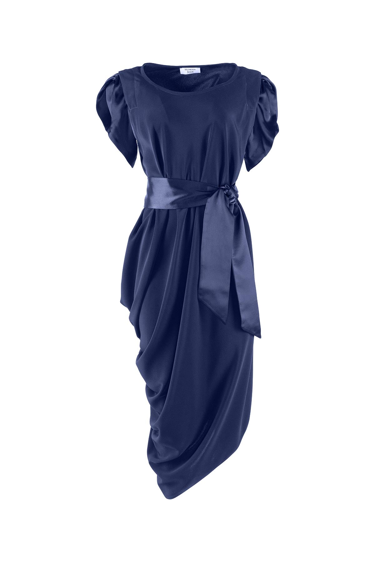 Navy blue dress with a belt on a white background